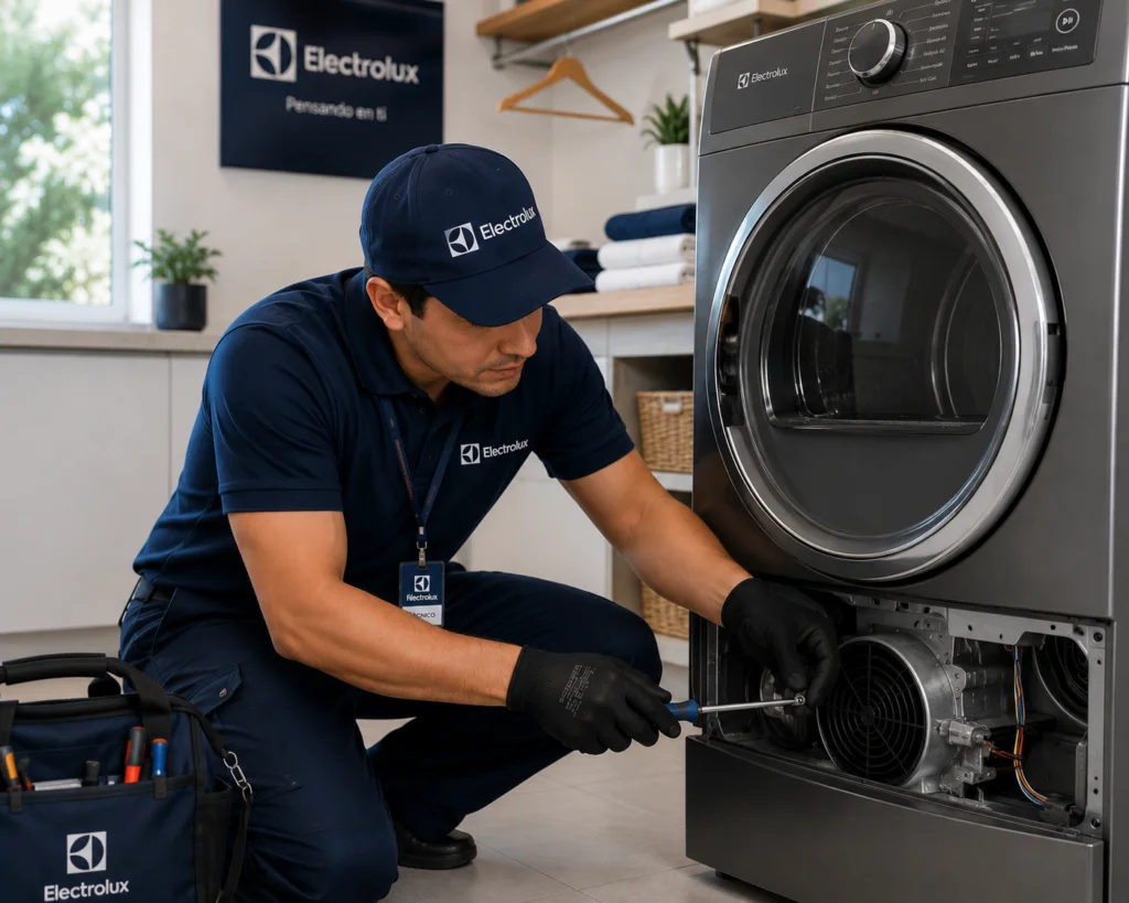Técnico autorizado Electrolux documentando una reparación en Cali