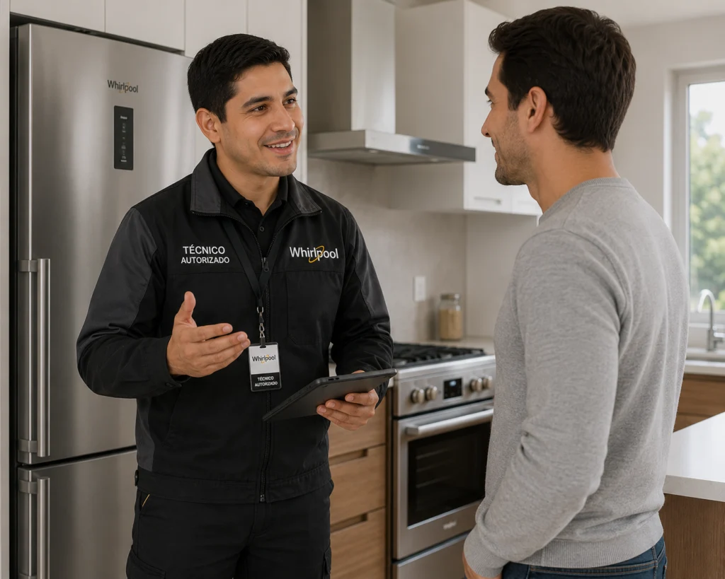 Técnico autorizado Whirlpool explicando un diagnóstico a un cliente en Cali